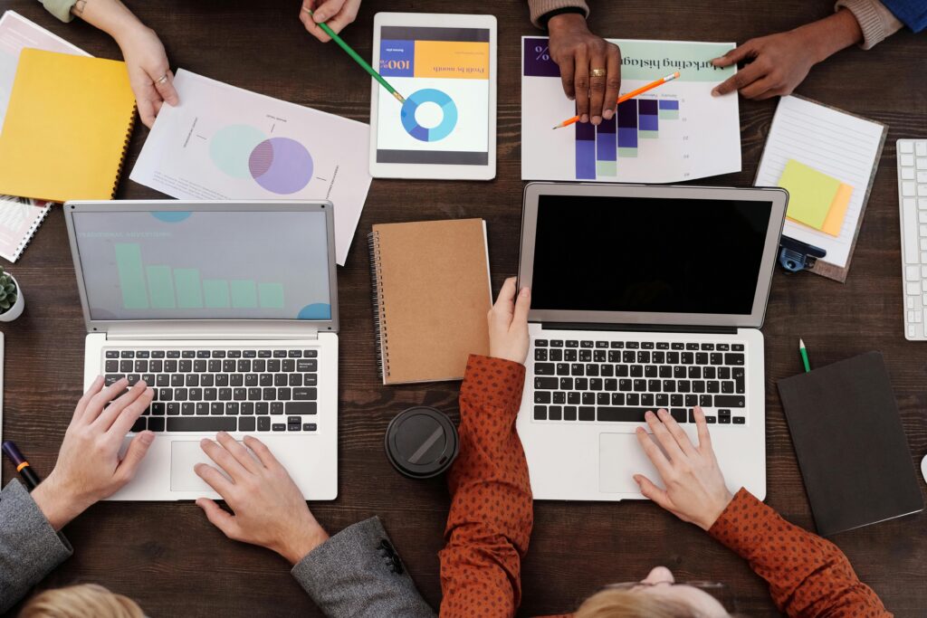 Illustration of digital marketing tools including SEO, social media, and analytics platforms